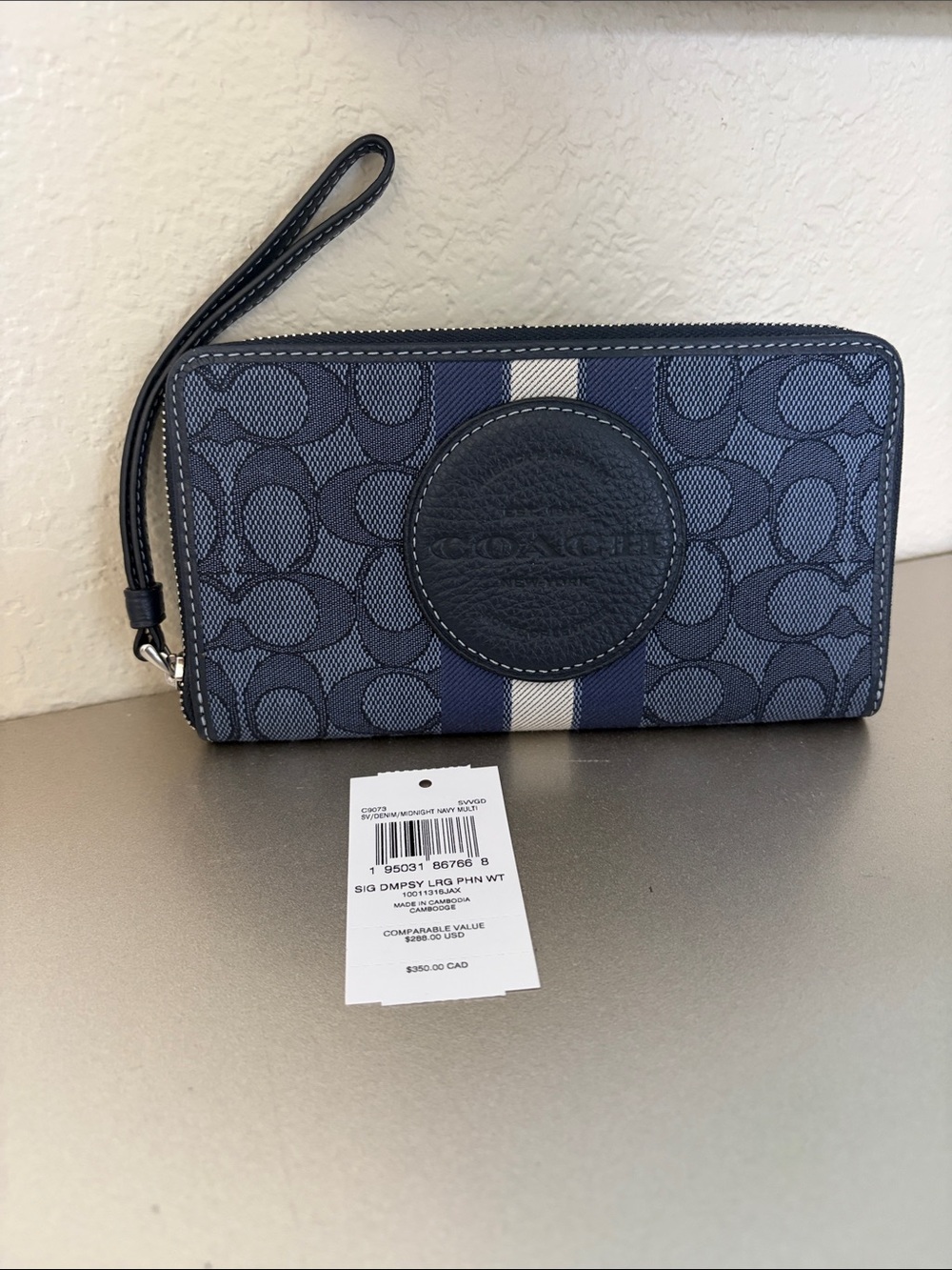 Coach Navy and White Signature Stripe Zip Wristlet